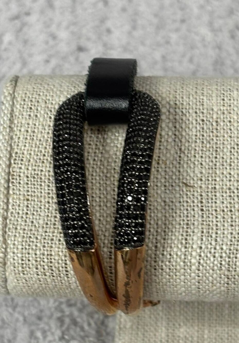 Milor Rose Gold Tone Bronze Black Leather Crystal Bracelet 8" #70240